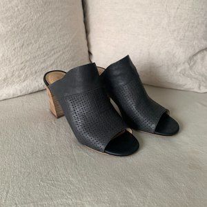 Adam Tucker Molly Black Leather Mules. Laser Cut Design. Stacked Heel. Size 9.